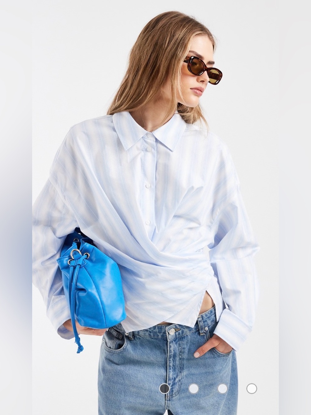 🤍 NWT & Other Stories Cotton Front Tie Wrap Shirt Size Small Light Blue Stripe